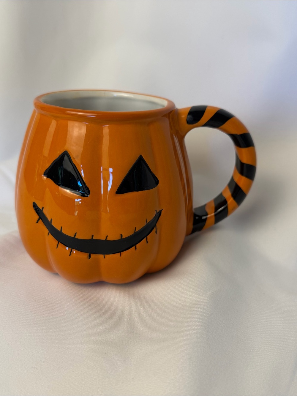 Orange Pumpkin Ceramic Mug with Striped Handle - Seasonal Halloween Cup